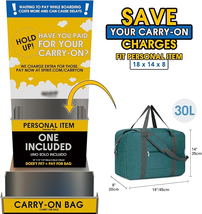 For Spirit Airlines Personal Item Bag 18x14x8 Foldable Travel Duffel Bag Tote Duffle Carry on Luggage for Women and Men 30L (Teal)