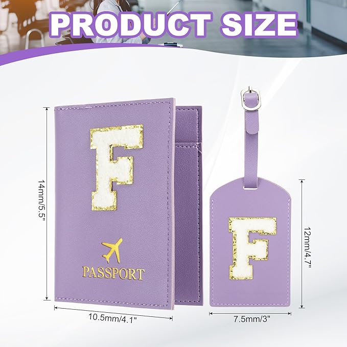 PATIKIL Passport Holder for Travel, Initial Passport Cover and Luggage Tag Set with Alphabet Chenille Letter Patch Travel Wallet Bag Suitcase Identifier for Women Family Travel Purple F