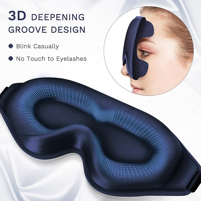 99% Fully Block Out Light Eye Sleep Mask, 3D Deep Contoured Eyes Cover Zero Pressure, Long Lash Extension Eyes Mask with Adjustable Straps for Sleeping Travel Home Nap Rest Women Men (Dark Blue)