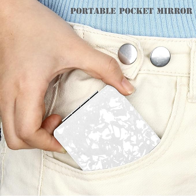Delicate Compact Travel Vanity Mirror for Girls Women Men, White 2-Sided Folding Makeup Mirrors for Pocket Handbag Purse Wallet, Portable Slim Magnifying Cosmetic Mirror with 3D Shell Pattern