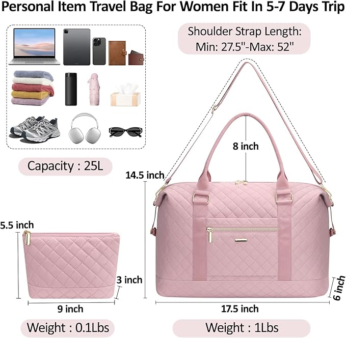 Quilted Travel Duffle Bag for Travel Women with Toiletry Bag, Large Weekender Bags for Women Carry on Duffel Overnight Bag, Waterproof Travel Tote Bags for Sports, Weekender, Business, Pink