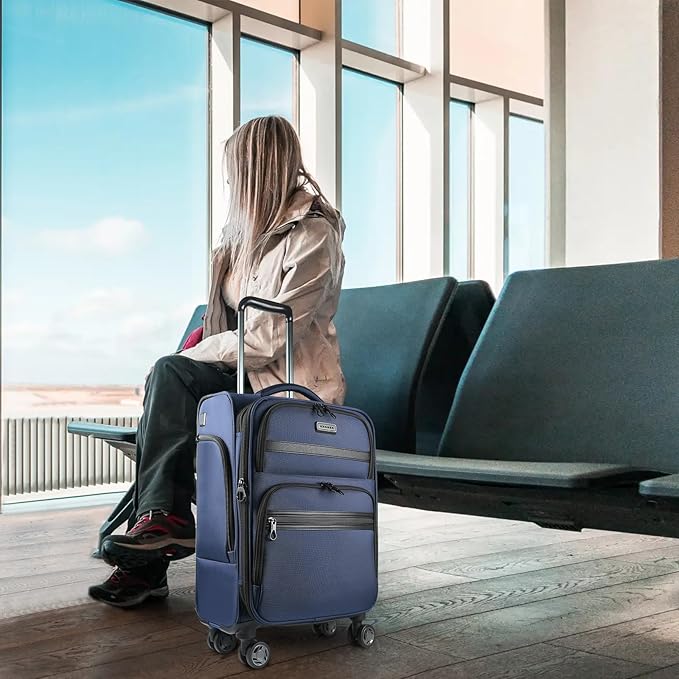 KROSER Softside Expandable Carry On Luggage with Front Business Pockets，20 Inch Suitcases with Spinner Wheels & Built-in TSA Lock, Durable Suitcase Rolling Luggage with USB Port, Navy