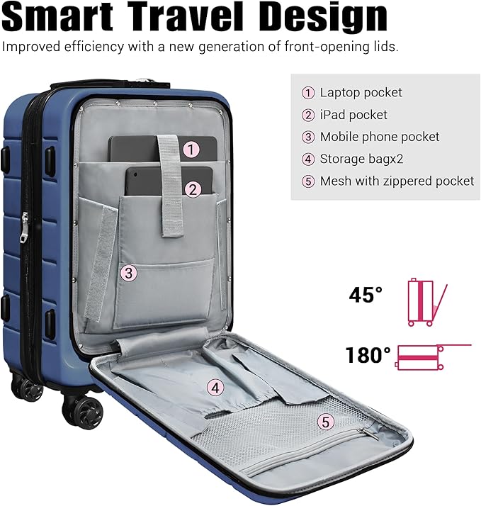 SmileLine 3-Piece Luggage Set Lightweight Hardside Suitcase TSA Lock Spinner Wheels, 20" Expandable Carry-On Luggage with Quick Access Front Open Pocket, Bonus Makeup Bag, Navy Blue
