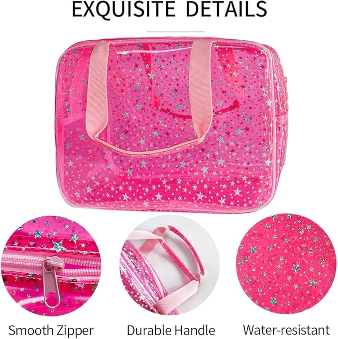 Hot Pink Star Large Cosmetic Bag 12x5x8 inch Travel Pouch with Handle,Durable PVC Material,Zipper Design-Ideal for Makeup,Travel Essentials