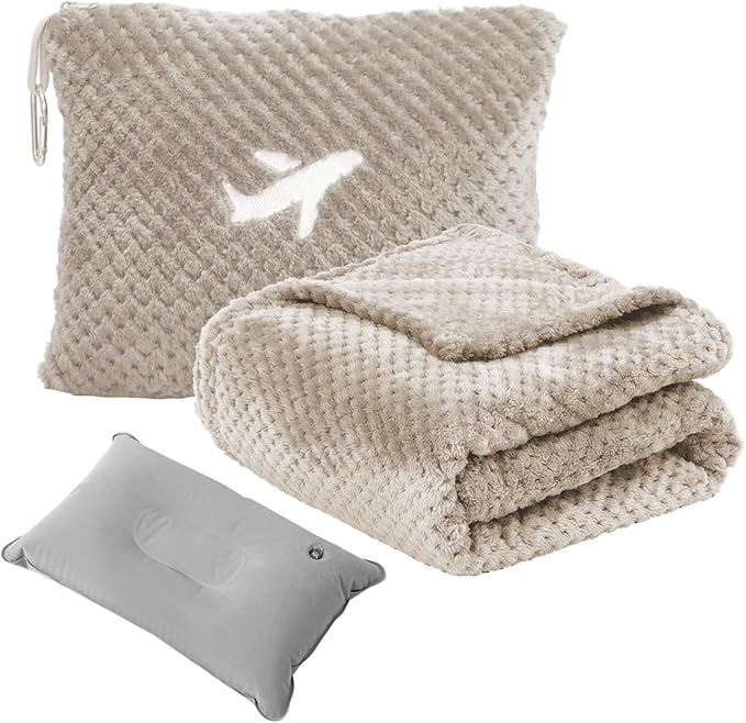 Travel Blanket Airplane Compact with Bag, Travel Essentials 3 in 1 Packable Airplane Blanket, Travel Pillow and Blanket Set, Inflatable Pillow, Luggage Sleeve & Backpack Clip (Camel)