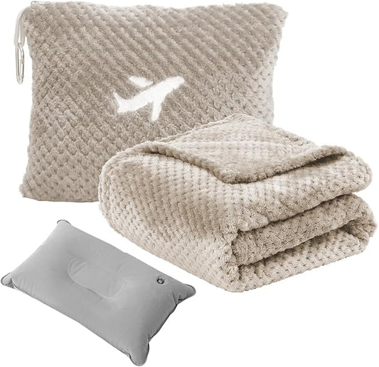 Travel Blanket Airplane Compact with Bag, Travel Essentials 3 in 1 Packable Airplane Blanket, Travel Pillow and Blanket Set, Inflatable Pillow, Luggage Sleeve & Backpack Clip (Camel)