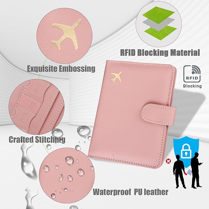 GOAUS Passport Holder for Travel with AirTag Slot Cards Cash Pocket, Faux Leather Travle Wallet Gifts for Women Men RFID Blocking Book Case Pink, AirTag Not Included