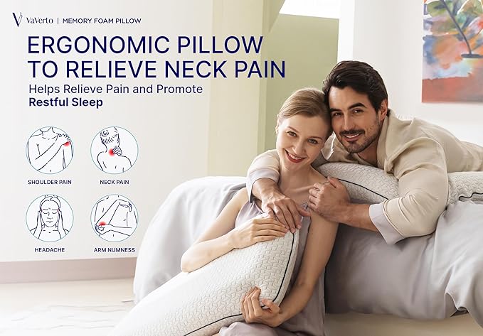 Vaverto Queen Memory Foam Pillow 2-Pack – Cooling Gel-Infused Orthopedic Bed Pillows for Neck and Shoulder Pain Relief, Firm Support Design with Removable Viscose Made from Bamboo Covers – Set of 2