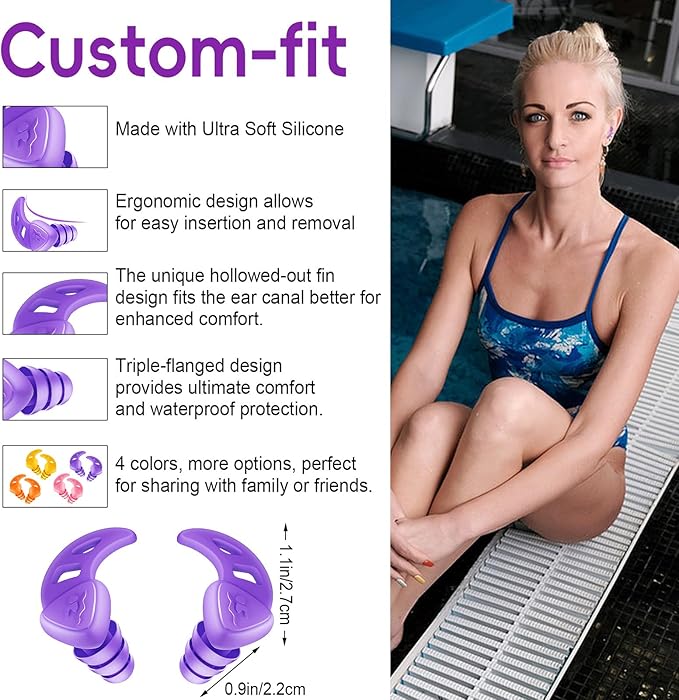 Waterproof Swimming Ear Plugs for Adults - 4 Pairs of Reusable Soft Silicone Swim Earplugs,Perfect for Surfing, Diving,Pool,Showering and Other Water Sports - Keep Water Out and Ear Protection