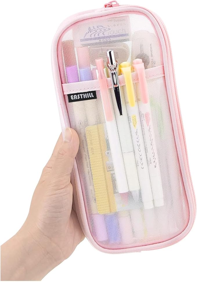 EASTHILL Grid Mesh Pen Pencil Case with Zipper Clear Makeup Color Pouch Cosmetics Bag Multi-Purpose Travel School Teen Girls and Boys Transparent Stationary Bag Office Organizer Box for Adluts(Pink)