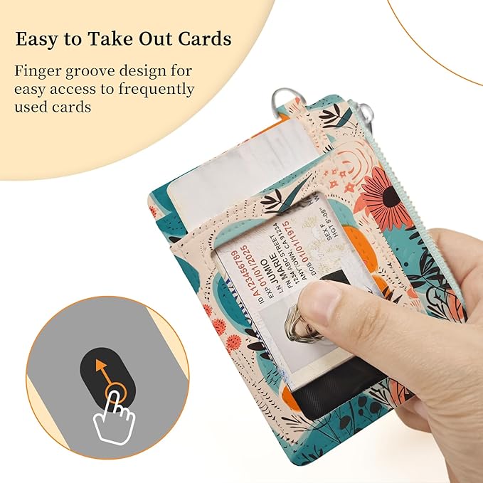 Hancynir Boho Abstract Floral Flower Small Wallet Women Credit Card Holder, Slim RFID Blocking Keychain Card Wallets, Mini Front Pocket PU Leather Travel Zipper Coin Cash Ladies Wallet Organizer Gifts