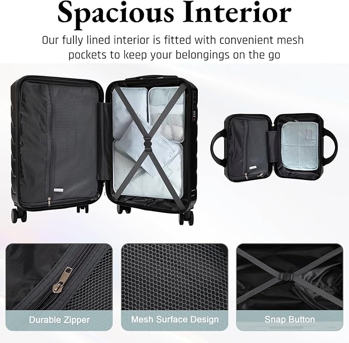 2-Piece ABS Hard Shell Lightweight Carry-On Luggage Set (14" & 20"), 360-Degree Spinner Wheels, Adjustable Telescopic Handle and Combination Lock for Travel, Black