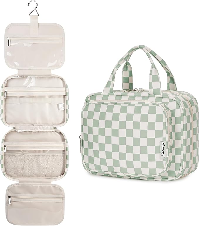 Narwey Hanging Toiletry Bag for Women Travel Checkered Makeup Bag Organizer Toiletries Bag for Travel Size Essentials, Accessories, Brushes, Cosmetics (Green Checkerboard (Medium))
