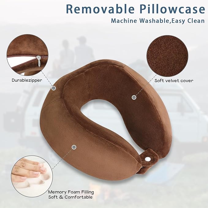 Neck Pillow Airplane Soft Travel Pillow for Traveling Sleeping Adjustable Memory Foam Neck Support Pillows for Cars Trains Offices Home Use Brown