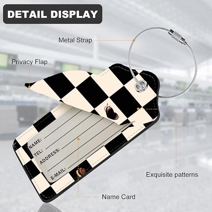 2Pack Luggage Tags for Suitcases, Cute Unique Pu Leather Cruise Luggage Tag with Privacy Cover ID Label Address Card and Metal Ring Suitable for Women Men Kids Travel Bag Beige Black Plaid