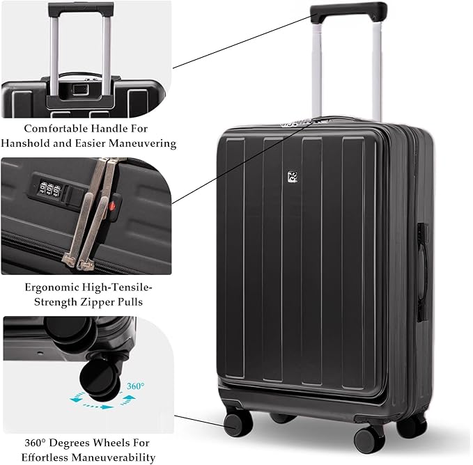 Gets Carry on Luggage Airline Approved,20 Inch Abs+Pc Hardshell Spinner Luggage With Cup Phone Holder and USB Charger,Front Pocket Durable Suitcase for Women Men-Black