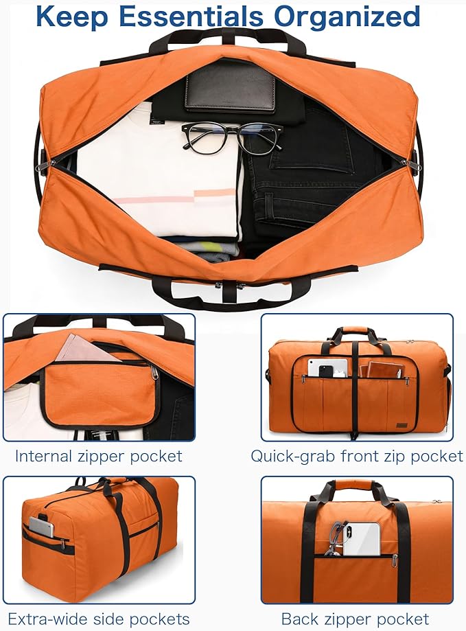 80L EXTRA LARGE Duffle Bag for Travel, 26" Foldable Travel Duffel Bag with Shoe Compartment for Men Women, Waterproof & Tear Resistant (Orange, EXTRA LARGE, 80L)