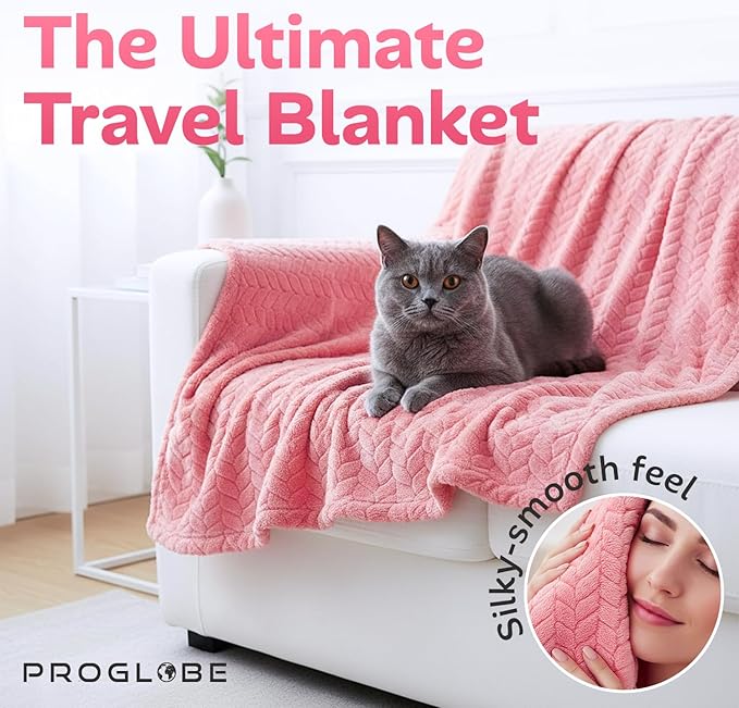 Proglobe Premium Travel Blanket and Pillow - XL 42" x 68" - Ultra Soft Lightweight Compact Blanket for Airplane, Car, Bus, Travel - Portable Cozy Fleece for Men, Women, and Kids - Pink