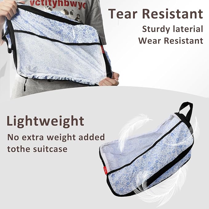 U+U 4 Set Compression Packing Cubes - Ultralight Travel Organizers, Space-Saving Suitcase Organizer, Expandable Packing Cubes for Travel, Business Trip and Family Vacation (Blue Flower)