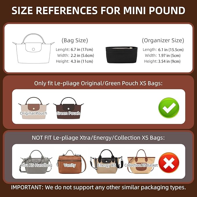 Doxo Bag Organizer Insert for LongChamp Mini Bag, Felt Small Purse Insert Organizer with YKK Zipper, Bag in Bag for Le Pliage Pouch XS with Handle, Extra Small Handbag Inner Shaper (Black, Mini)