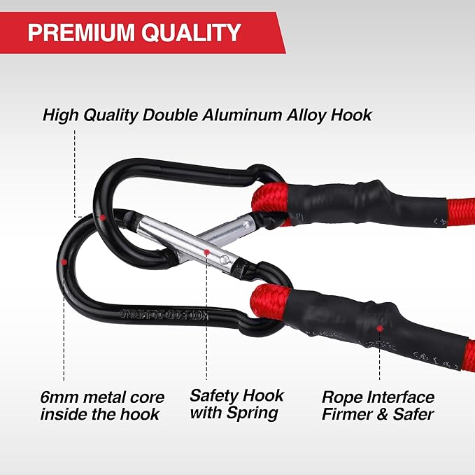 WORKPRO 24 Inch Bungee Cords with Hooks, 4 Pack Superior Rubber Heavy Duty Bungee Straps Strong Elastic Rope for Outdoor Tent, Luggage Rack, Camping, Cargo, RV, Bike, Transporting, Storage, Red