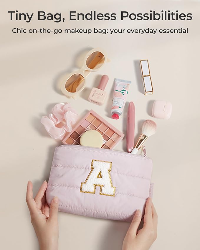 BAGSMART Personalized Makeup Bag with Initial, Pink Small Cosmetic Travel Organizer, Water-Resistant Pouch for Women & Teens for Bridesmaid Graduation (Initial-K, Small)