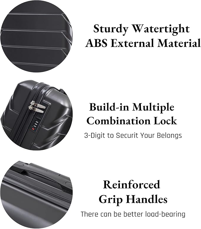 2-Piece ABS Hard Shell Lightweight Carry-On Luggage Set (14" & 20"), 360-Degree Spinner Wheels, Adjustable Telescopic Handle and Combination Lock for Travel, Dark Grey