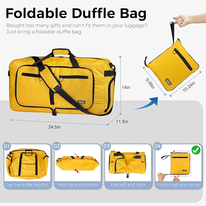 Fmeida 65L Duffle Bag with Shoes Compartment, Foldable Travel Duffel Bags for Men Women, Large Packable Travel Bag Water Repellent & Tear Resistant (Yellow)