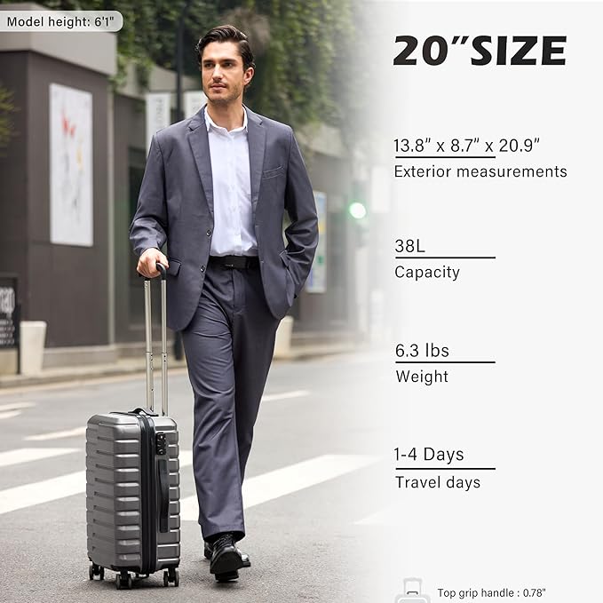 Coolife Carry On Luggage Airline Approved with Spinner Wheels, Hard Shell Suitcase TSA Lock Lightweight Travel Luggage 20-inch,Gray
