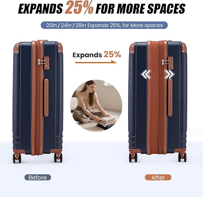 KUNEL Expandable 5 Piece Luggage Sets with Detachable Spinner Wheels and TSA Lock, Unisex Hardside ABS Suitcase Set, Hardshell Lightweight Waterproof Travel Hard Case Suitcases with Wheels, Darkblue