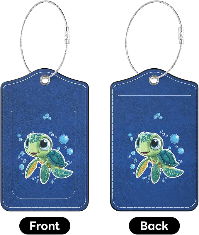 2 Pack PU Leather Luggage Tags for Suitcases, Privacy Protection Cover with Stainless Steel Loop and Address Card, Travel Cruise Essentials (Sea Turtle)