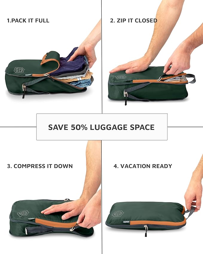 Compression Packing Cubes 6 Piece Set for Carryon Suitcases- Lightweight, Durable Clothes Organizer (Green and Brown)