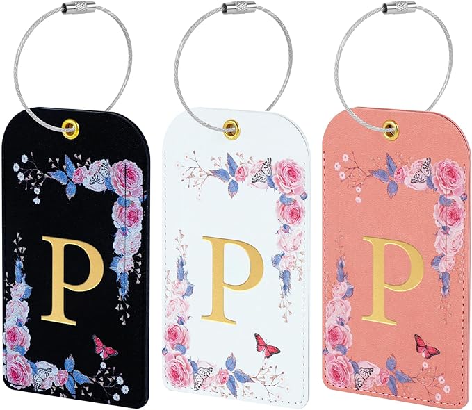 3 Pack Luxury Floral Luggage Tags, Durable PU Leather Suitcase Tags with Stainless Steel Cable Strap, Hidden ID Slot for Privacy Protection, Easy to Identify Waterproof Travel Accessories Gift (P)
