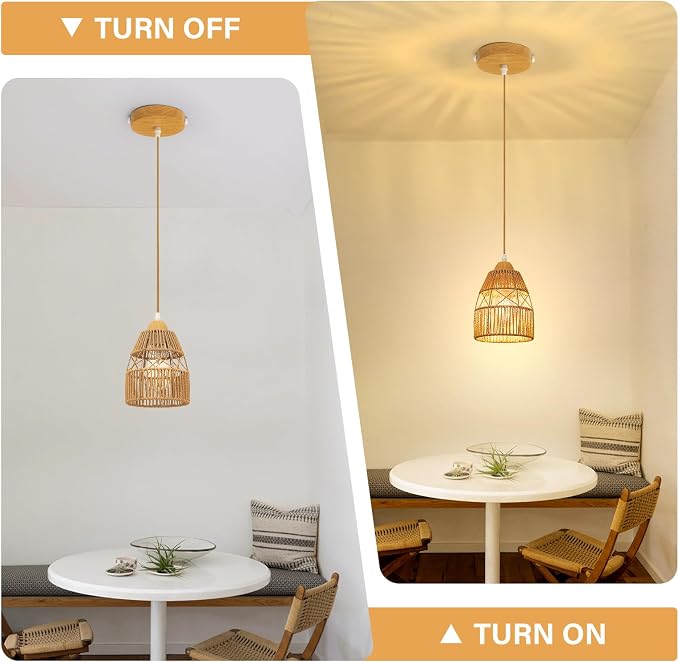 Boho Rattan Pendant Light for Kitchen Island Cone Hanging Lamp | Handwoven Rattan Shade Adjustable Height 10-57 Inch E26 Base Farmhouse Chandeliers for Kitchen Islands And Dining Rooms
