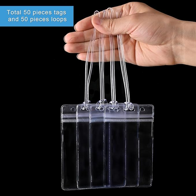 50 Pcs Clear Luggage Tags Bag Tags Holder Identification ID Card Badge Holder with 50 Pcs Clear Luggage Tag Loop Straps for Business Travel and Office Supplies