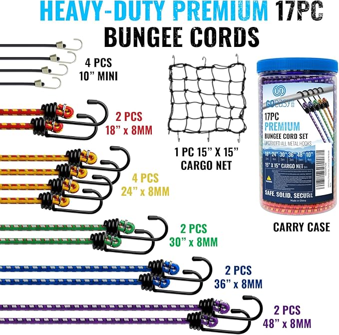 GOEASY0312 Premium Bungee Cords Heavy Duty - 17 Piece Bungee Cords with Hooks in A Storage Jar Includes 10", 18", 24", 30", 36", 48" Bungie Cord & Cargo Net Bundle