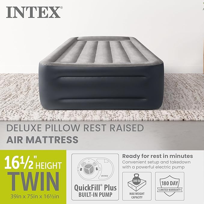 Intex 64131ED Dura-Beam Plus Deluxe Pillow: Fiber-Tech – Twin Size – Built-in Electric Pump – 16.5in Bed Height – 300lb Weight Capacity