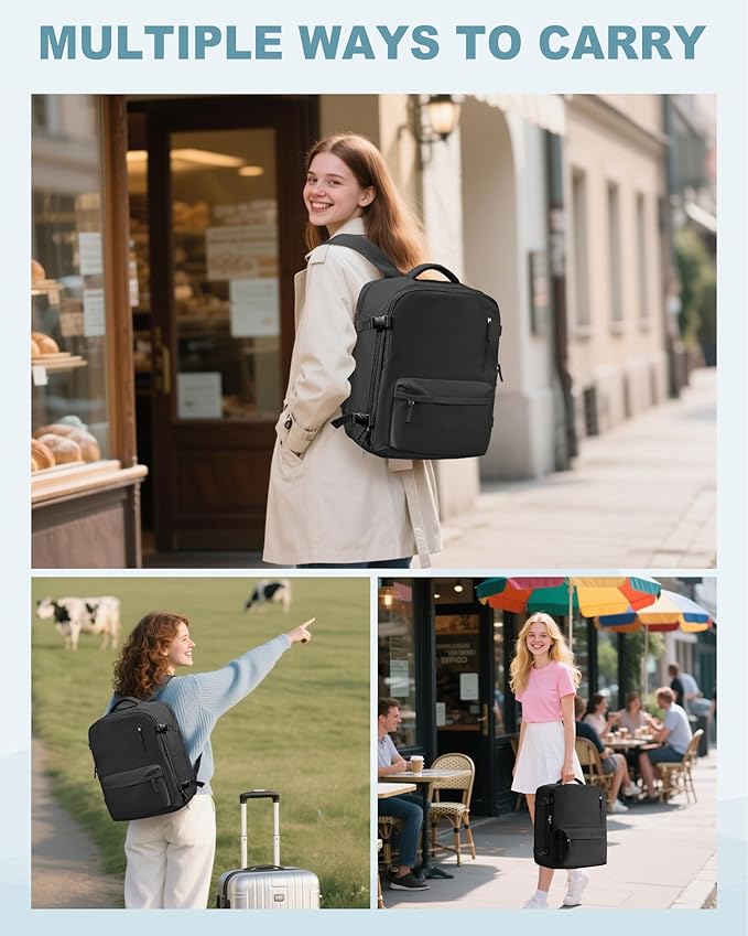 VECAVE Travel Backpack for Women, Airline Flight Approved Carry On Backpacks Waterproof 14 Inch Laptop Backpack with Shoe Compartment Casual Daypack Black