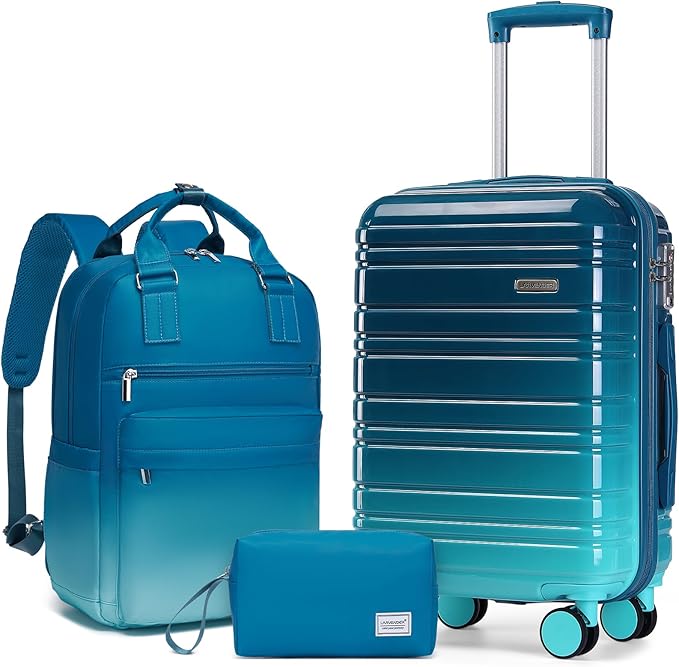 LARVENDER Carry on Luggage 22x14x9 Airline Approved Hardshell Suitcase with Wheels TSA Lock, PC+ABS Lightweight Suitcase Set for Women with Travel Backpack, Ocean Breeze, 3 Piece Set