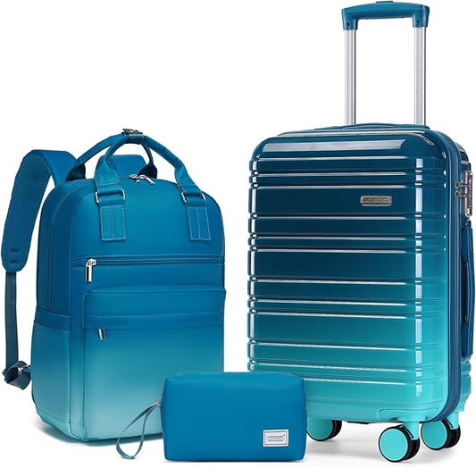 LARVENDER Carry on Luggage 22x14x9 Airline Approved Hardshell Suitcase with Wheels TSA Lock, PC+ABS Lightweight Suitcase Set for Women with Travel Backpack, Ocean Breeze, 3 Piece Set