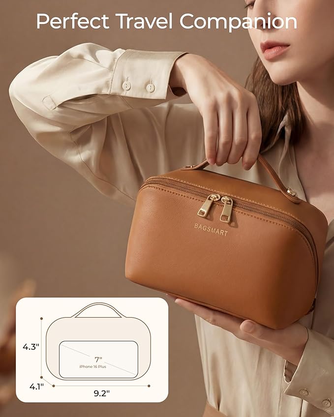 BAGSMART Makeup Bag Travel Cosmetic Bag, Large Make Up Bag Flat Open Toiletry Bag for Women, PU Leather Travel Essentials Organizer Case, Wide-open Pouch Purse for Skincare, Brushes, Vintage Brown