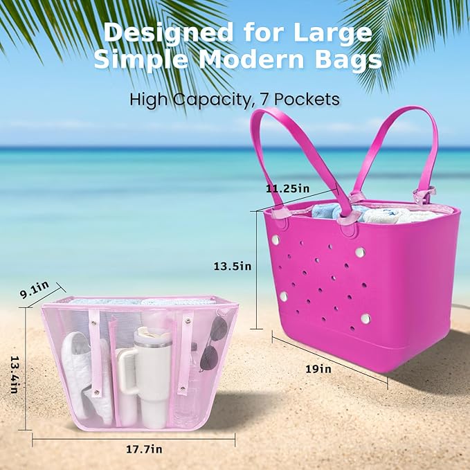 XYFuuee Beach Bag Organizer Inserts for Large Simple Modern Bag Accessories, with 8 Removable Metal Fasteners, Lightweight Mesh Insert Divider Pouch, Organizing Rubber Tote, Save Space, Pink