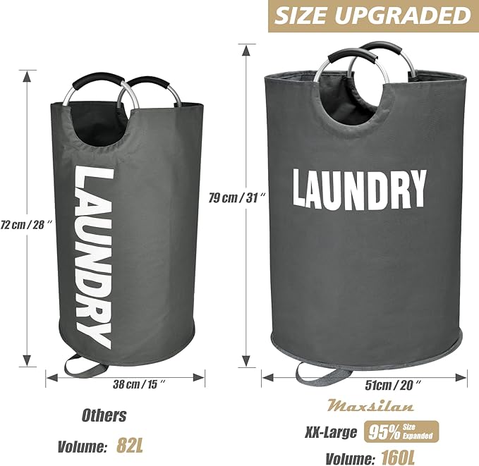 160L XX-Large Laundry Basket, Freestanding Tall Clothes Hamper, Collapsible Laundry Bag, Dark Grey