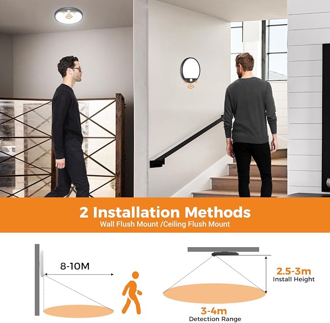 slochi 2Pack Motion Sensor Light Indoor Wired PIR, 3000K/4000K/6500K Closet Lights Motion Sensored, 15W 1500LM 7 in, Timer, Motion Activated Flush Mount Ceiling Light for Hallway Wall Pantry, Black