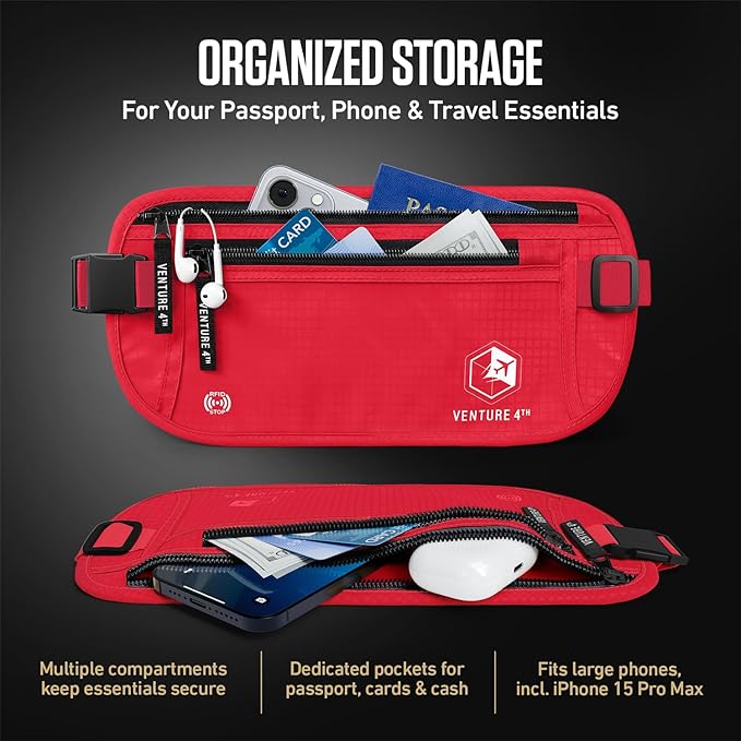 VENTURE 4TH Money Belt for Travel – Hidden Under-Clothes RFID Blocking Passport Holder & Slim Travel Wallet Pouch for Men & Women to Protect Cash, Cards & Documents (Red)