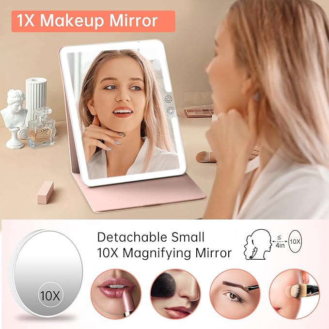 FUNTOUCH 2500mAh Large Rechargeable Travel Makeup Mirror with Lights, Portable Makeup Mirror with 10X Magnifying Mirror 3 Lighting Modes, Tabletop Folding Travel Mirror with PU Leather Cover (Pink)