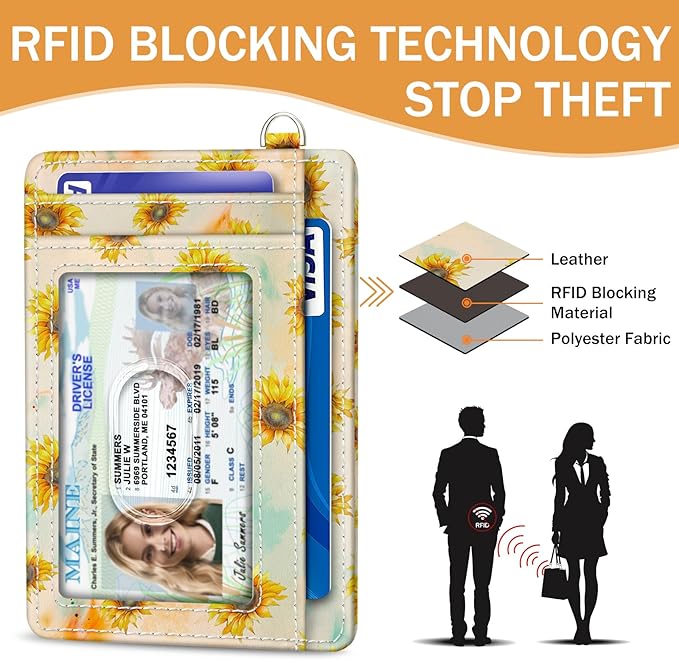 Yonlevres Sunflower Credit Card Holder Slim Wallet, RFID Wallet Women Front Pocket Wristlet Lanyard, Small Card Holder Travel Funny Cute Thin Card Case ID Window PU Leather Card Organizer Gifts Girls