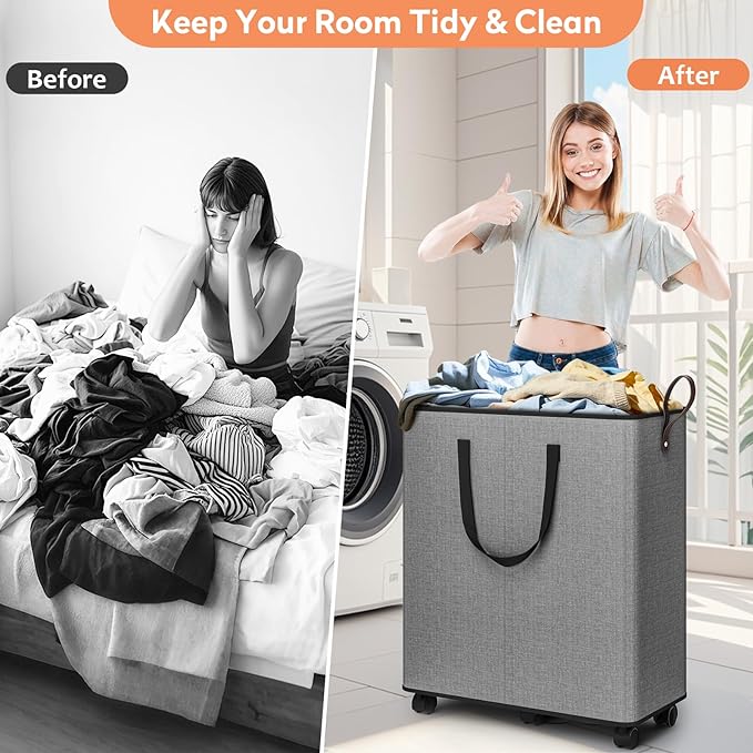 Laundry Basket with Wheels, Collapsible Laundry Baskets, Laundry Hamper with Handles Detachable Wheels, Rolling Laundry Basket, Dirty Clothes Hamper for Bathroom, Dorm, Bedroom, Grey, 136L