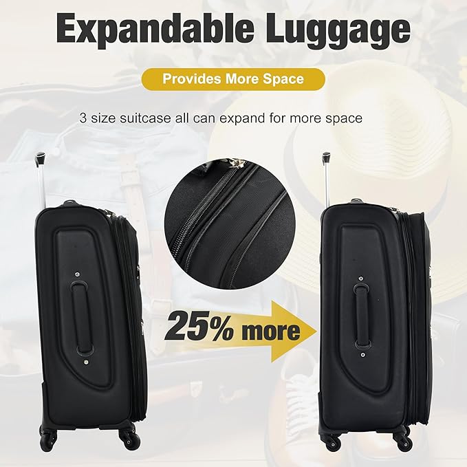 Black 5 Piece Softside Luggage Sets, Expandable Lightweight Suitcase Sets Double Softshell Spinner Wheels Travel Luggage Set for Women and Men