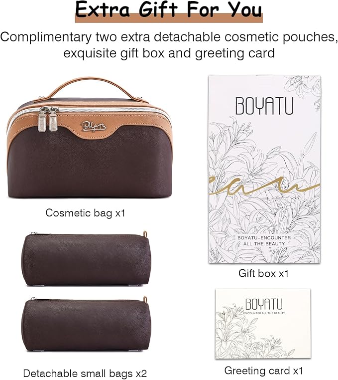 BOYATU Travel Makeup Bag Organizer Cosmetic Bag: 3 Pcs Set Make up Bags for Women with Handle - Waterproof Vegan Leather Toiletry Bags Travel Essentials Pouch with Compartments (A-03-Brown)